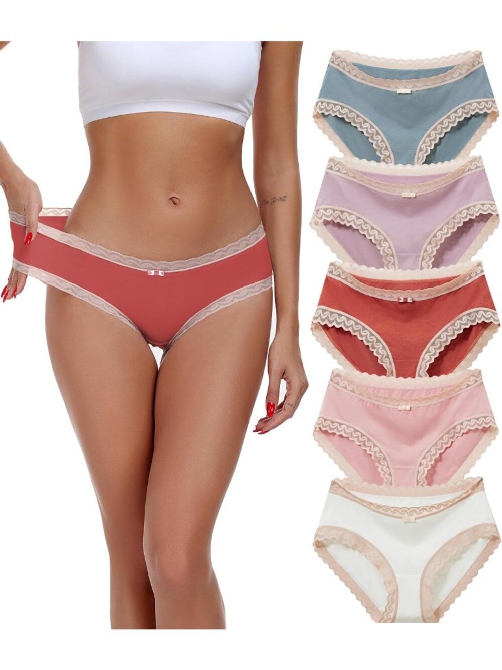 Soft Lace Trim Hipster Panties Pack | Moisture-Wicking Cotton Bikini Briefs